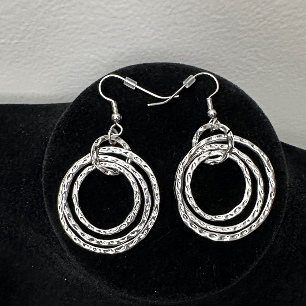 Triple Circle Textured Silver Earrings